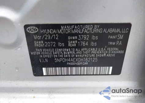 2013 Hyundai Elantra Gls z USA, uszkodzony, nr VIN 5NPDH4AEXDH162125